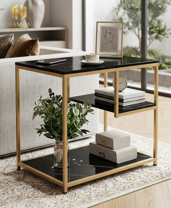 Marble finish coffee table Pakistan — luxury black  marble gold iron frame side table | Hamza Interiors