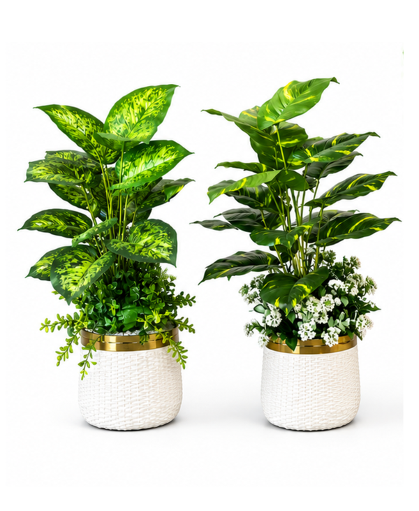 Artificial indoor plants Pakistan — realistic  home decor planters gold rim pot | Hamza Interiors