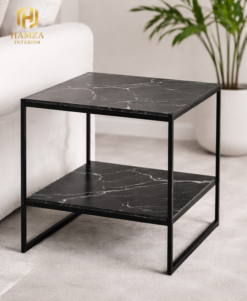 2-Tier Shelves Modern Marble Side Table with Iron Frame