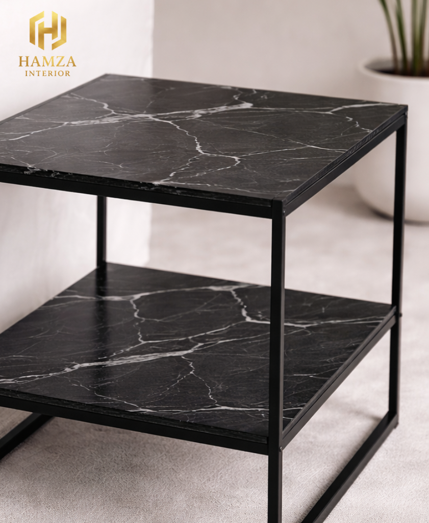 2-Tier Shelves Modern Marble Side Table with Iron Frame