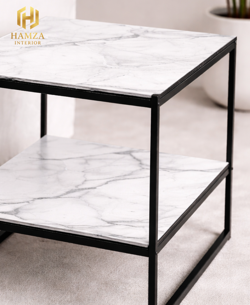 2-Tier Shelves Modern Marble Side Table with Iron Frame