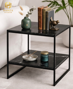 2-Tier Shelves Modern Marble Side Table with Iron Frame
