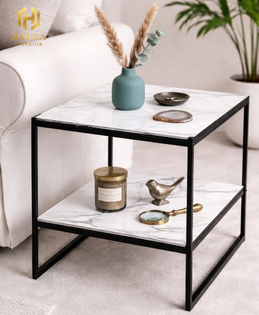 2-Tier Shelves Modern Marble Side Table with Iron Frame