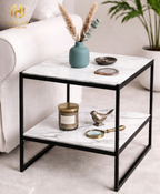 2-Tier Shelves Modern Marble Side Table with Iron Frame