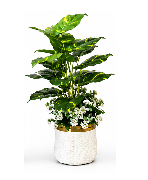 Artificial tropical indoor plant with white flowers in white woven pot with gold rim — home decor Pakistan