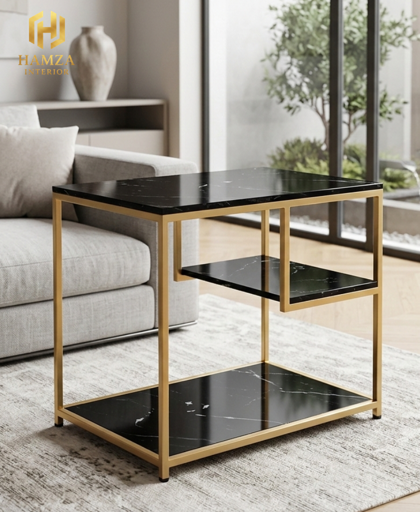3 Storage Shelves Modern Marble Side Table with Gold Iron Frame