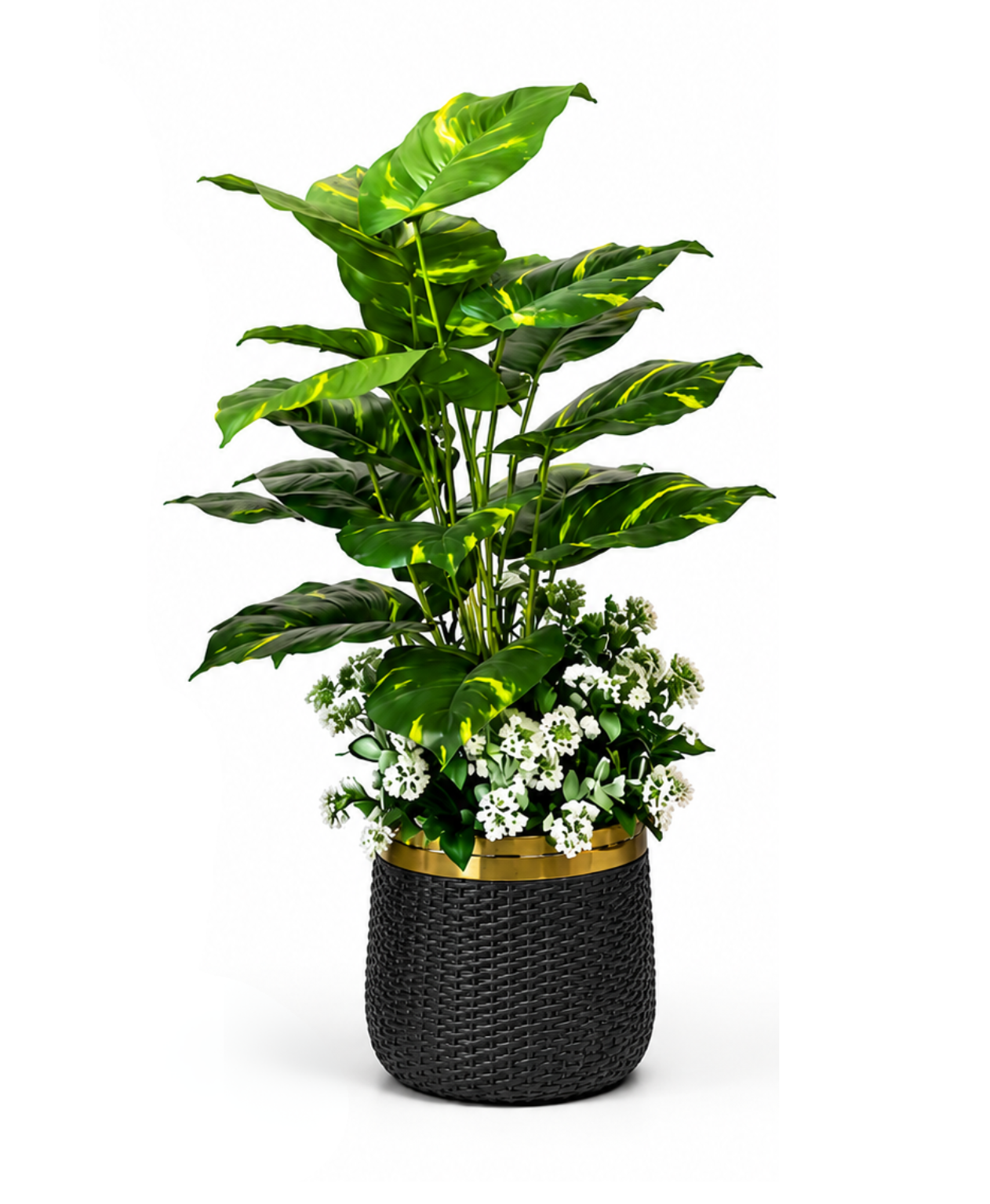 Artificial tropical indoor plant with white flowers in white woven pot with gold rim — home decor Pakistan