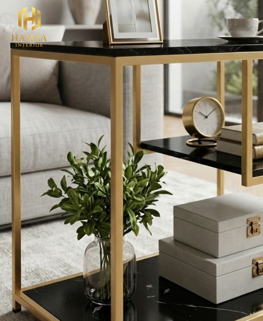 3 Storage Shelves Modern Marble Side Table with Gold Iron Frame