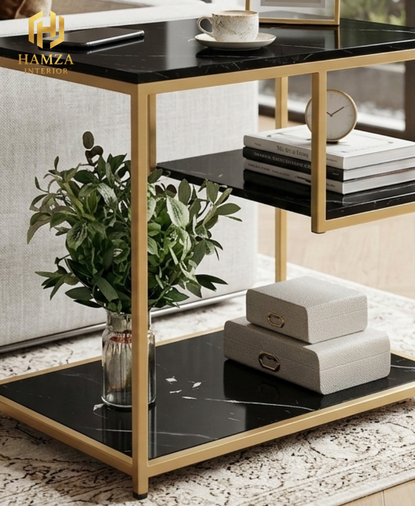 3 Storage Shelves Modern Marble Side Table with Gold Iron Frame