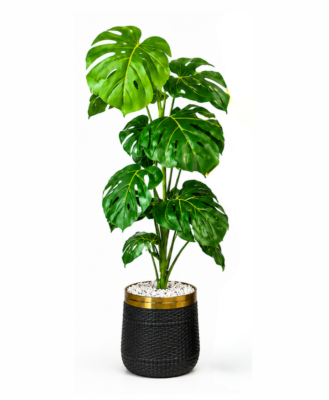 Large artificial Monstera Deliciosa plant in white woven pot with gold rim — indoor home decor Pakistan