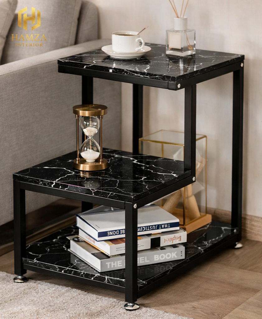 Modern Black/White Marble Finish Side Table with 3 Shelves and Iron Frame – Stylish Sofa End Table