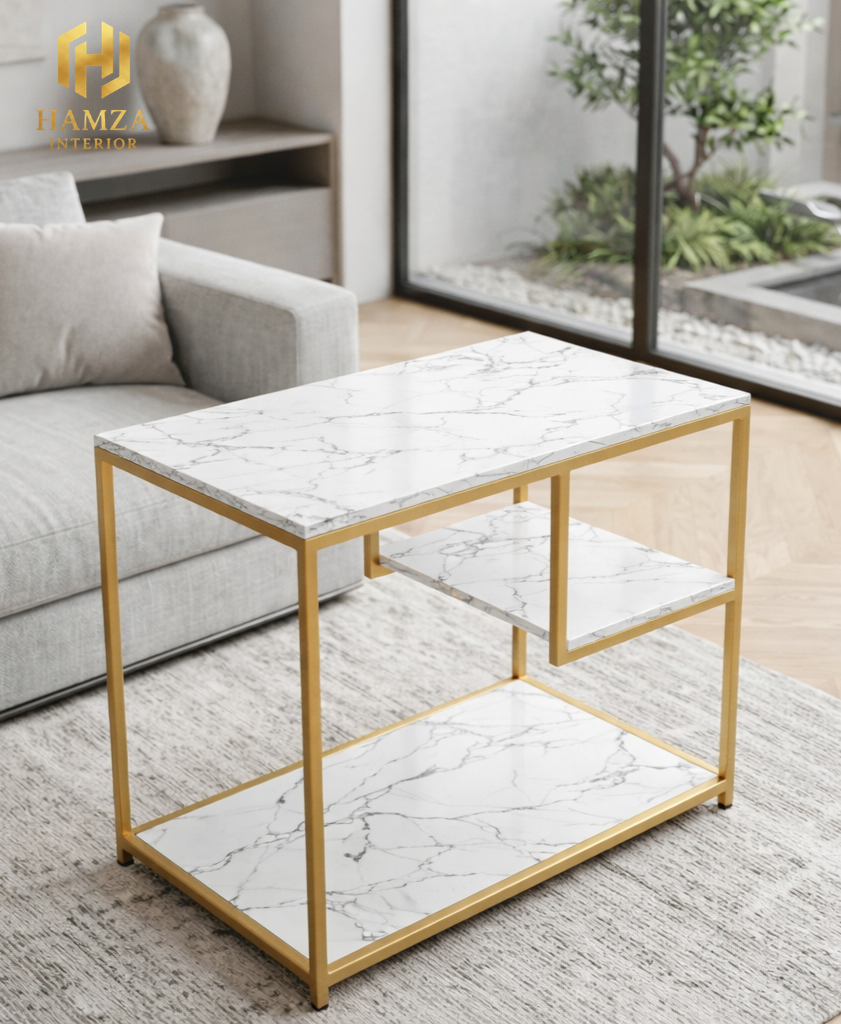 3 Storage Shelves Modern Marble Side Table with Gold Iron Frame