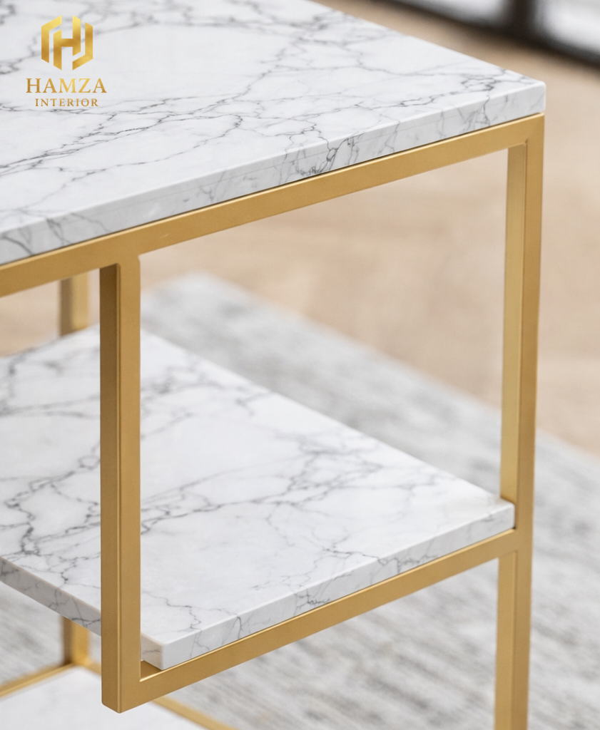 3 Storage Shelves Modern Marble Side Table with Gold Iron Frame